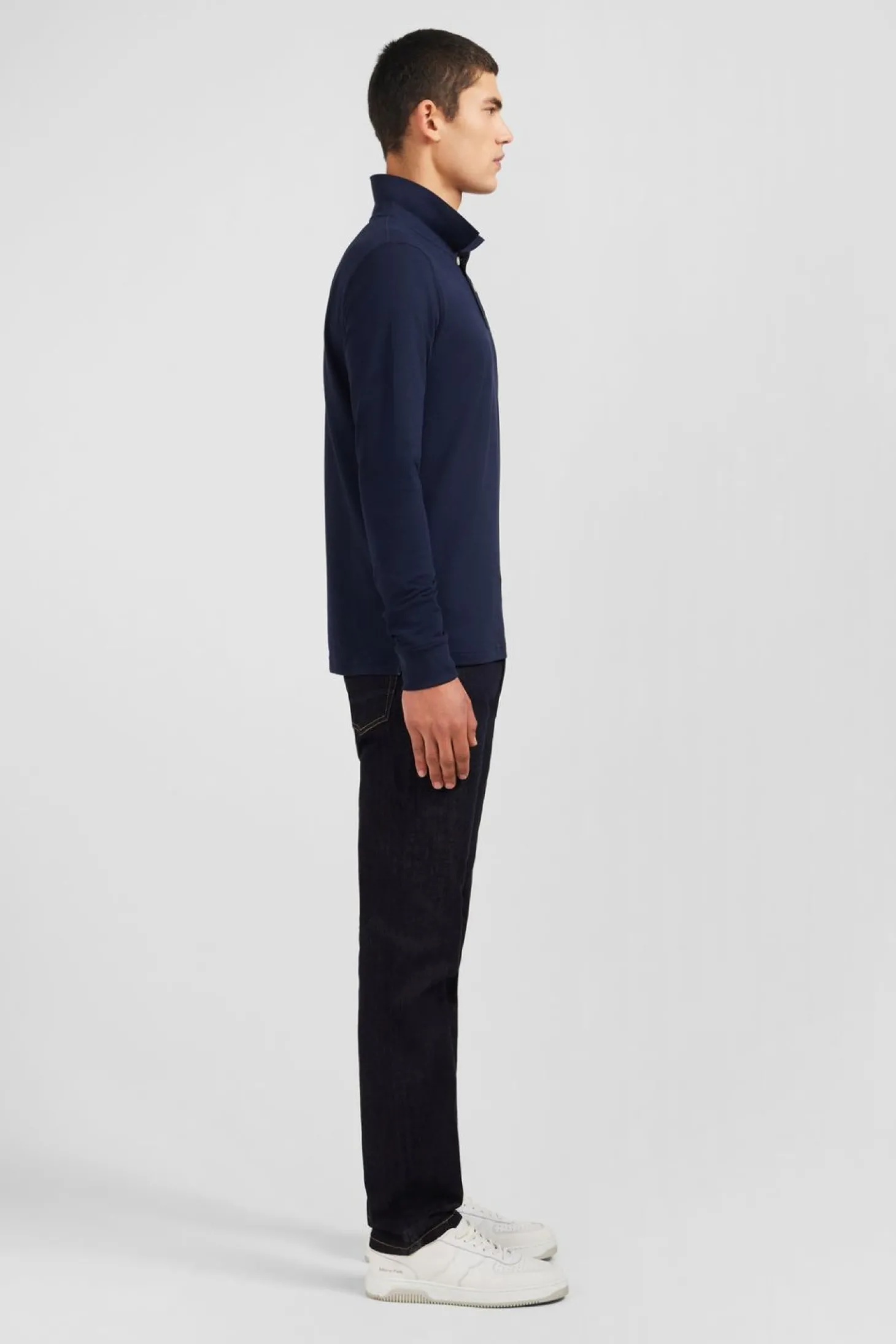Polo Manches Longues Bleu Marine Uni En Pique De Coton Stretch