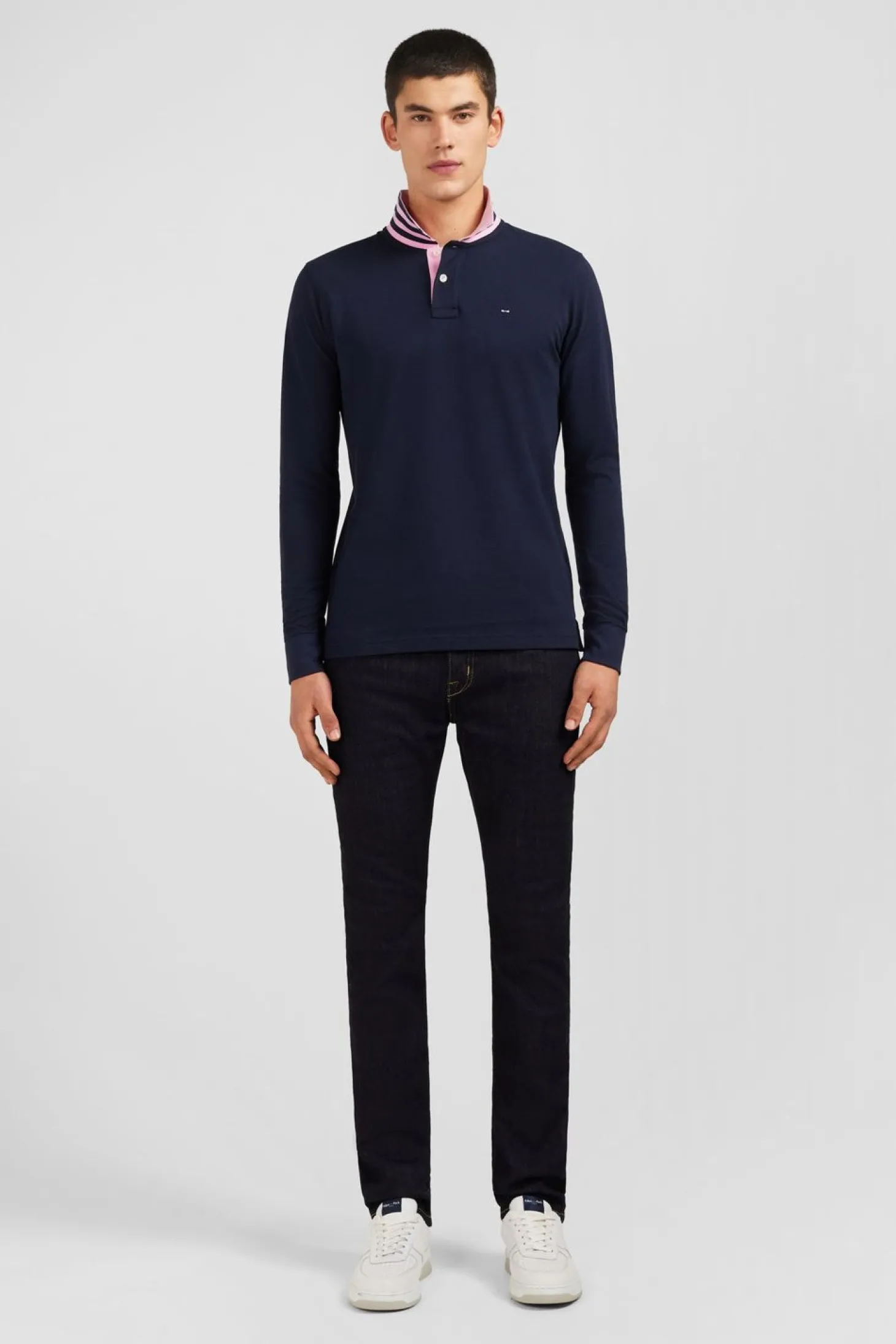 Polo Manches Longues Bleu Marine En Coton Avec Col Contraste