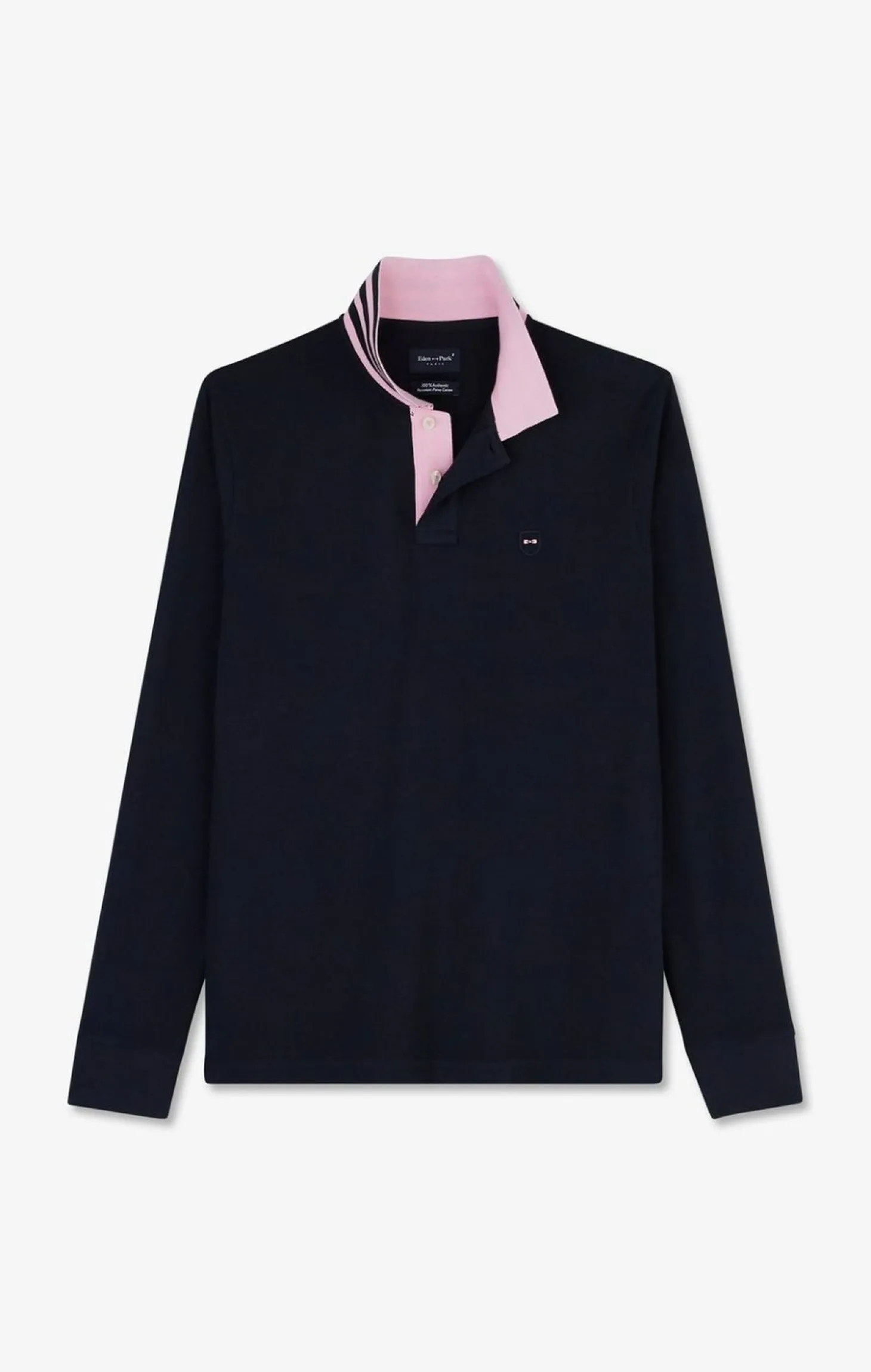 Polo Manches Longues Bleu Marine En Coton Avec Col Contraste