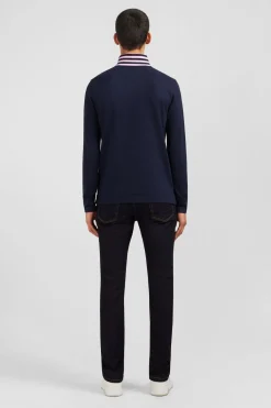 Polo Manches Longues Bleu Marine En Coton Avec Col Contraste