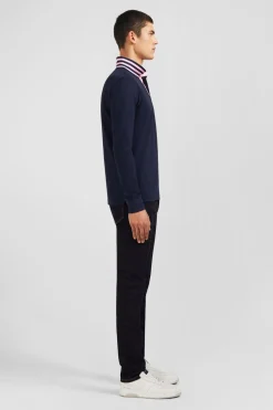 Polo Manches Longues Bleu Marine En Coton Avec Col Contraste