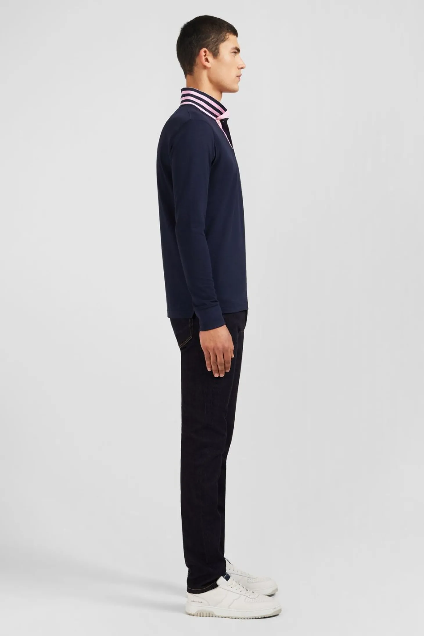 Polo Manches Longues Bleu Marine En Coton Avec Col Contraste