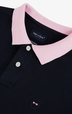 Polo Manches Longues Bleu Marine En Coton Avec Col Contraste