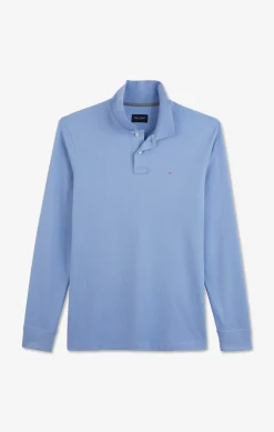 Polo Manches Longues Bleu Uni En Pique De Coton Stretch