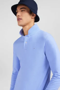 Polo Manches Longues Bleu Uni En Pique De Coton Stretch