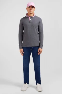 Polo Manches Longues Gris En Coton Avec Col Contraste