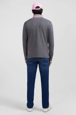 Polo Manches Longues Gris En Coton Avec Col Contraste