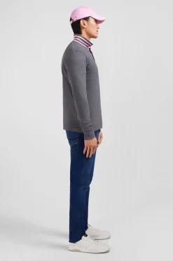 Polo Manches Longues Gris En Coton Avec Col Contraste