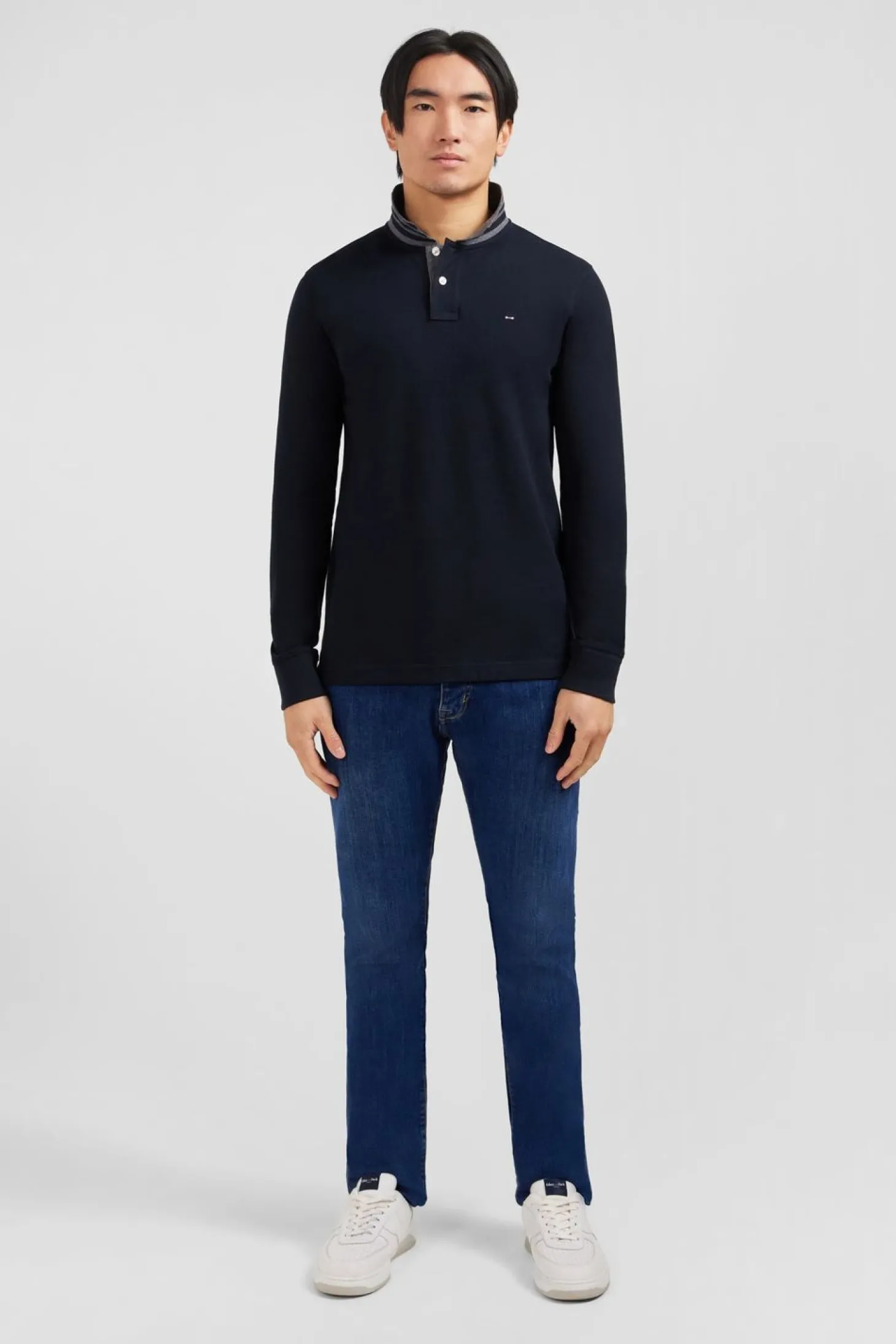 Polo Manches Longues Noir En Coton Avec Col Contraste
