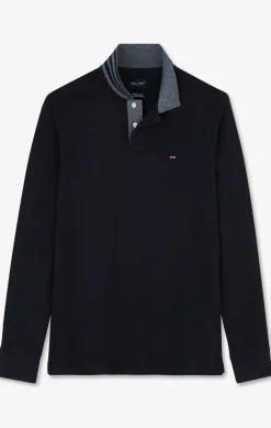 Polo Manches Longues Noir En Coton Avec Col Contraste