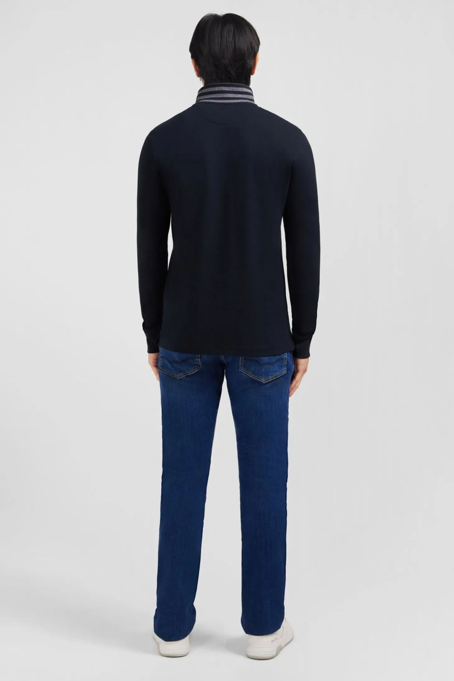 Polo Manches Longues Noir En Coton Avec Col Contraste