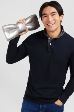 Polo Manches Longues Noir En Coton Avec Col Contraste