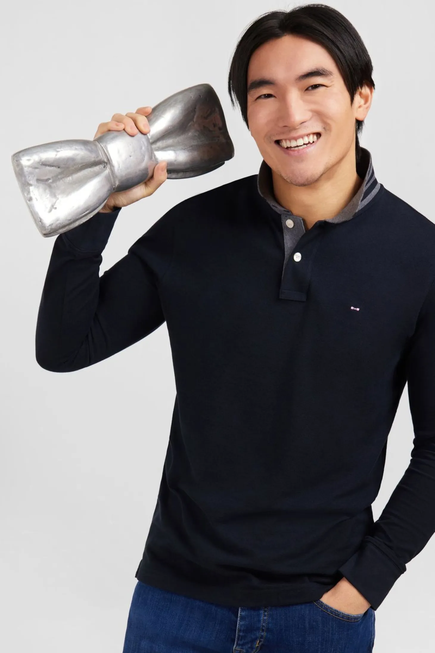 Polo Manches Longues Noir En Coton Avec Col Contraste
