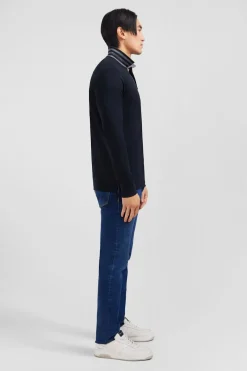 Polo Manches Longues Noir En Coton Avec Col Contraste