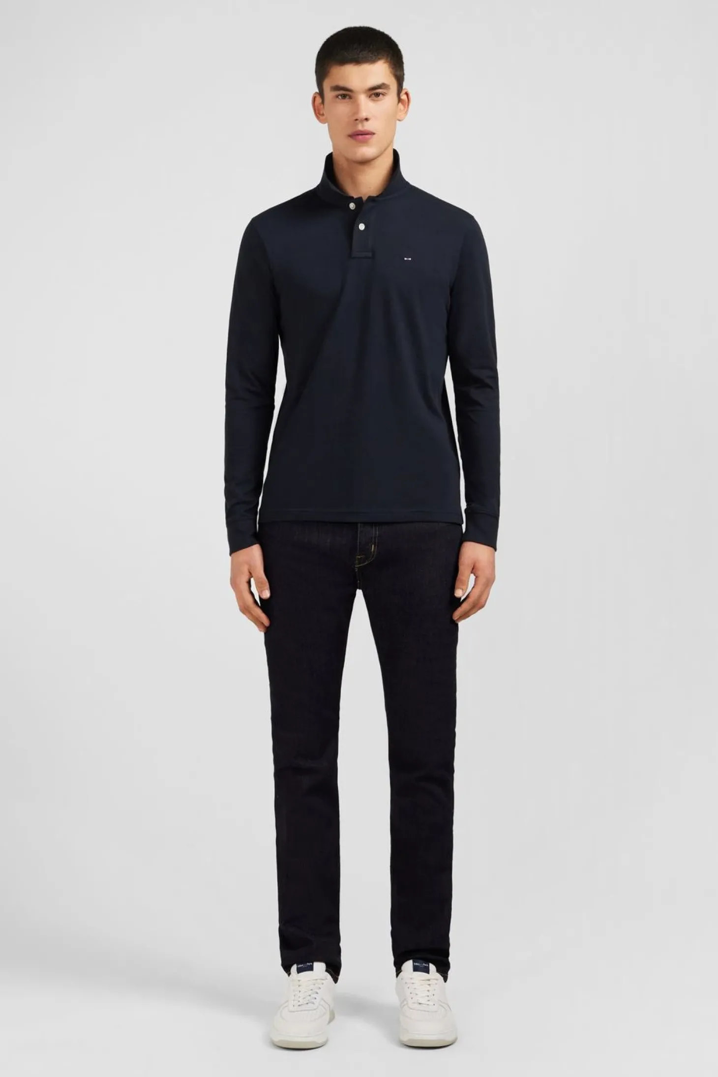 Polo Manches Longues Noir Uni En Pique De Coton Stretch