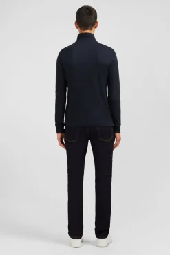 Polo Manches Longues Noir Uni En Pique De Coton Stretch