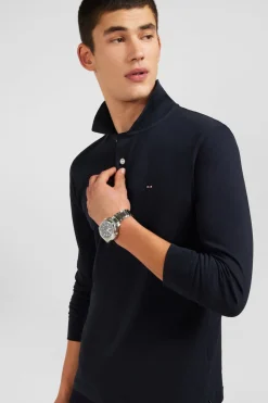 Polo Manches Longues Noir Uni En Pique De Coton Stretch