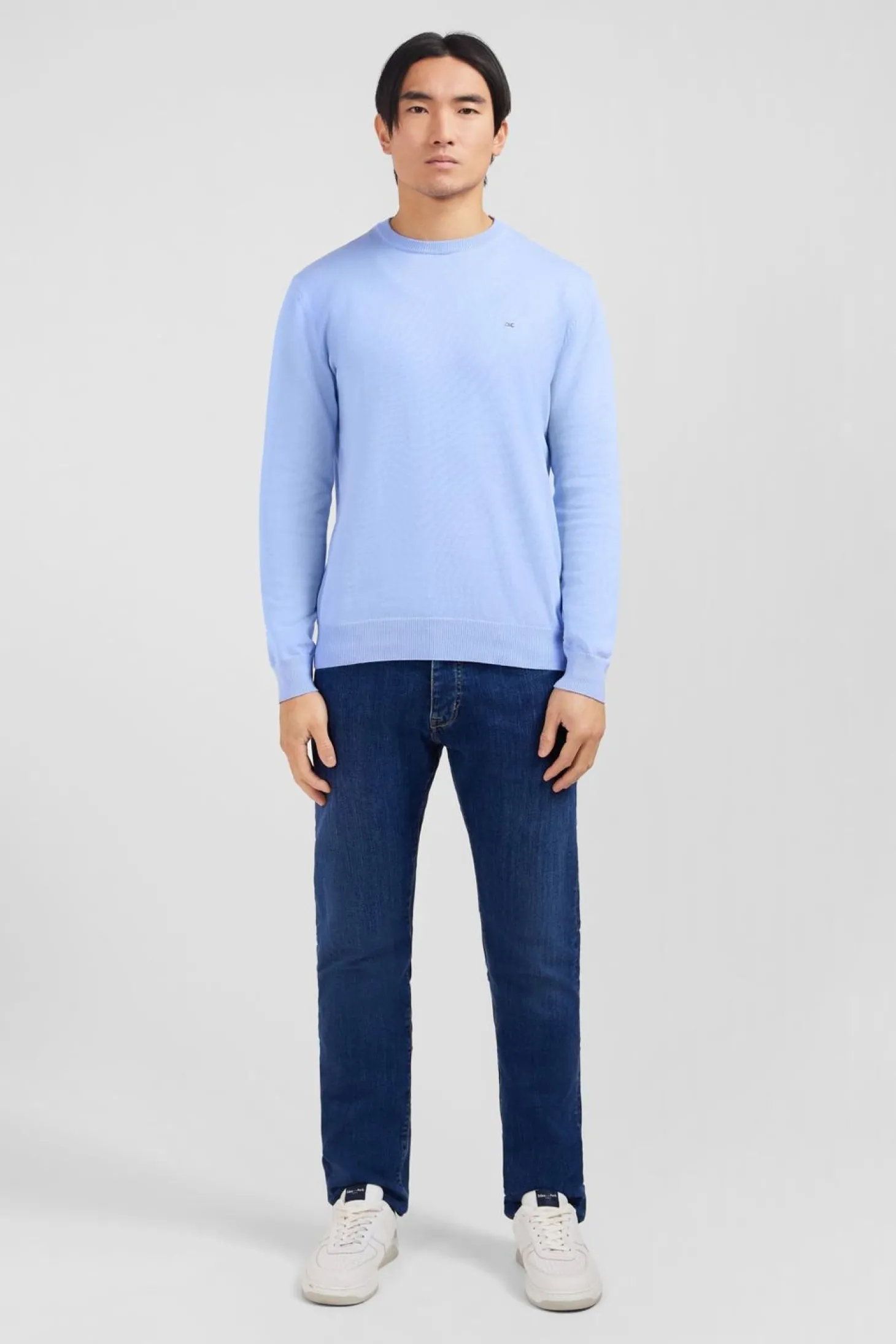 Pull Bleu A Col Rond En Coton