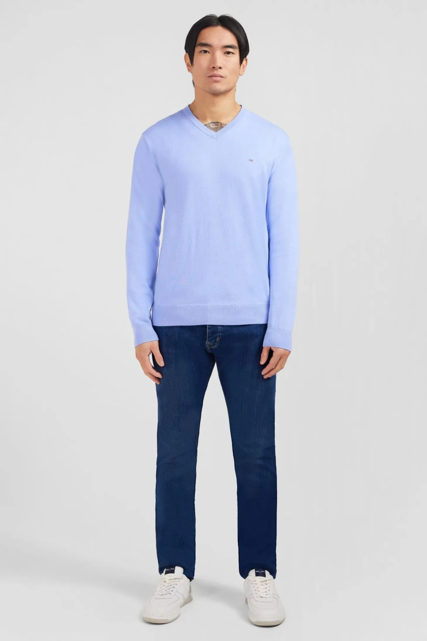 Pull Bleu A Col V En Coton