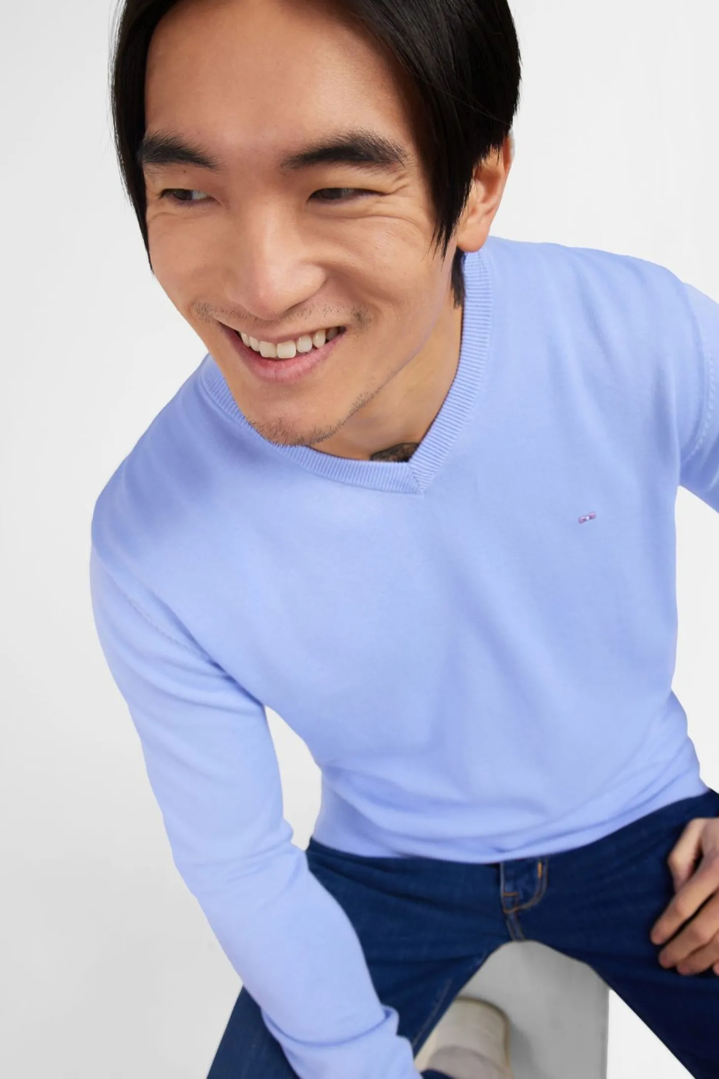 Pull Bleu A Col V En Coton