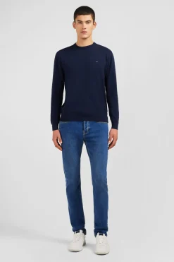 Pull Bleu Marine A Col Rond En Coton