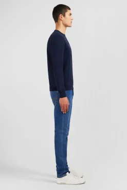 Pull Bleu Marine A Col Rond En Coton