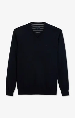 Pull Bleu Marine A Col V En Coton