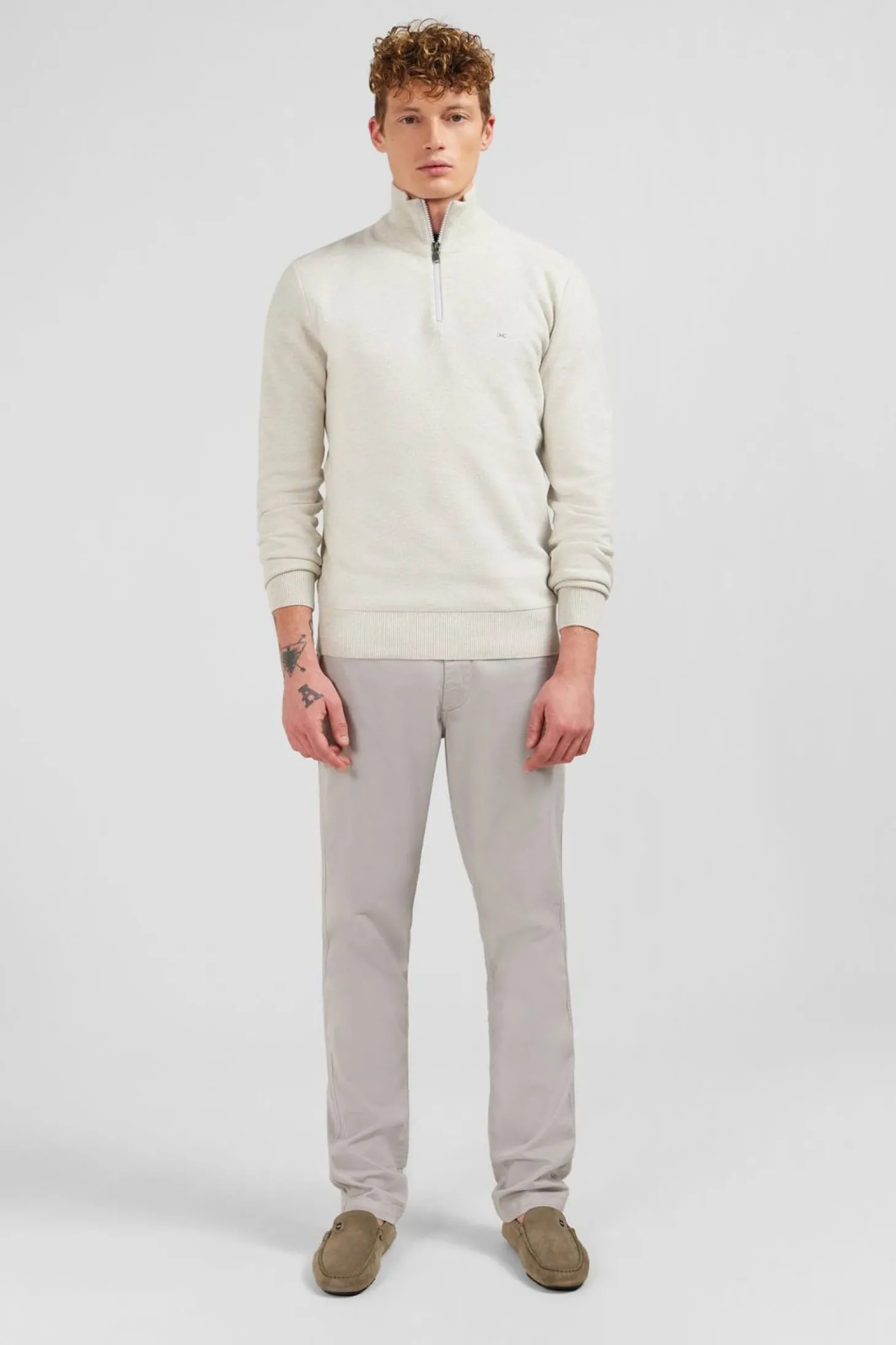Pull Col Camionneur Zippe En Coton Gris
