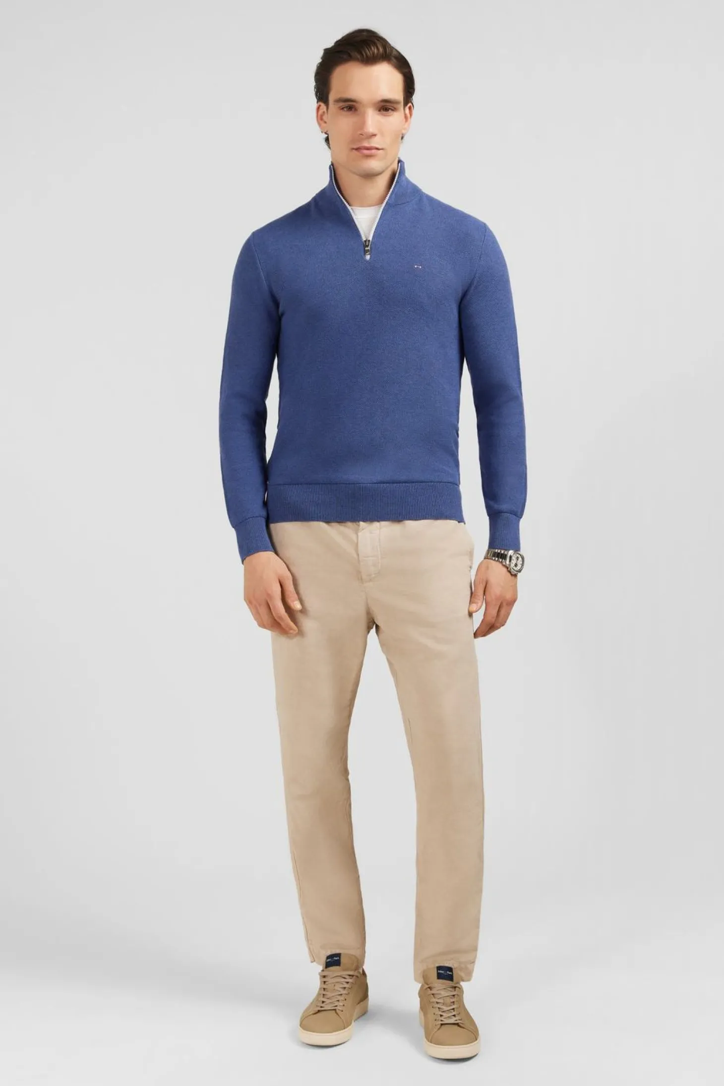 Pull Col Camionneur Zippe En Coton Bleu