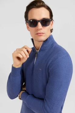Pull Col Camionneur Zippe En Coton Bleu
