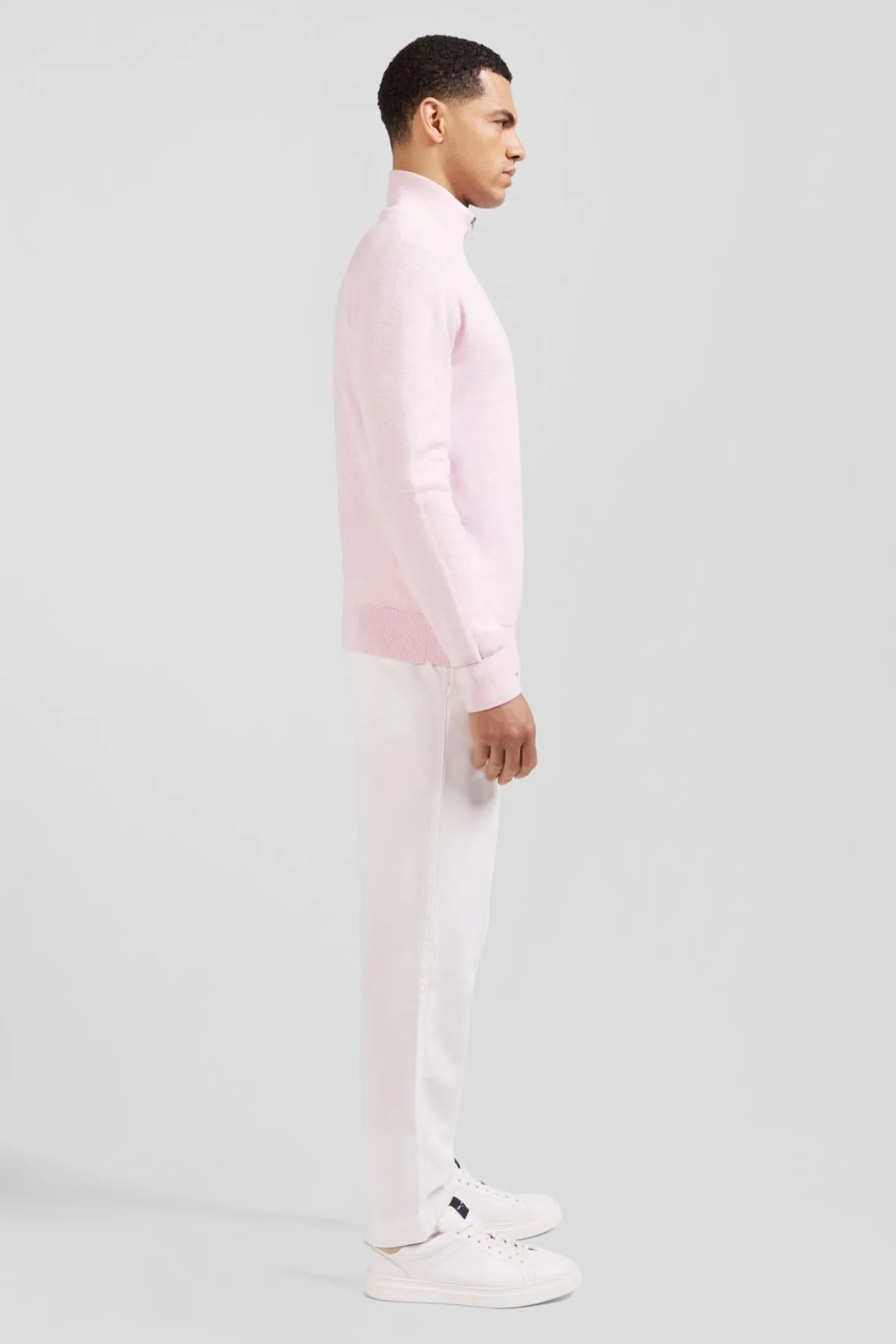 Pull Col Camionneur Zippe En Coton Rose