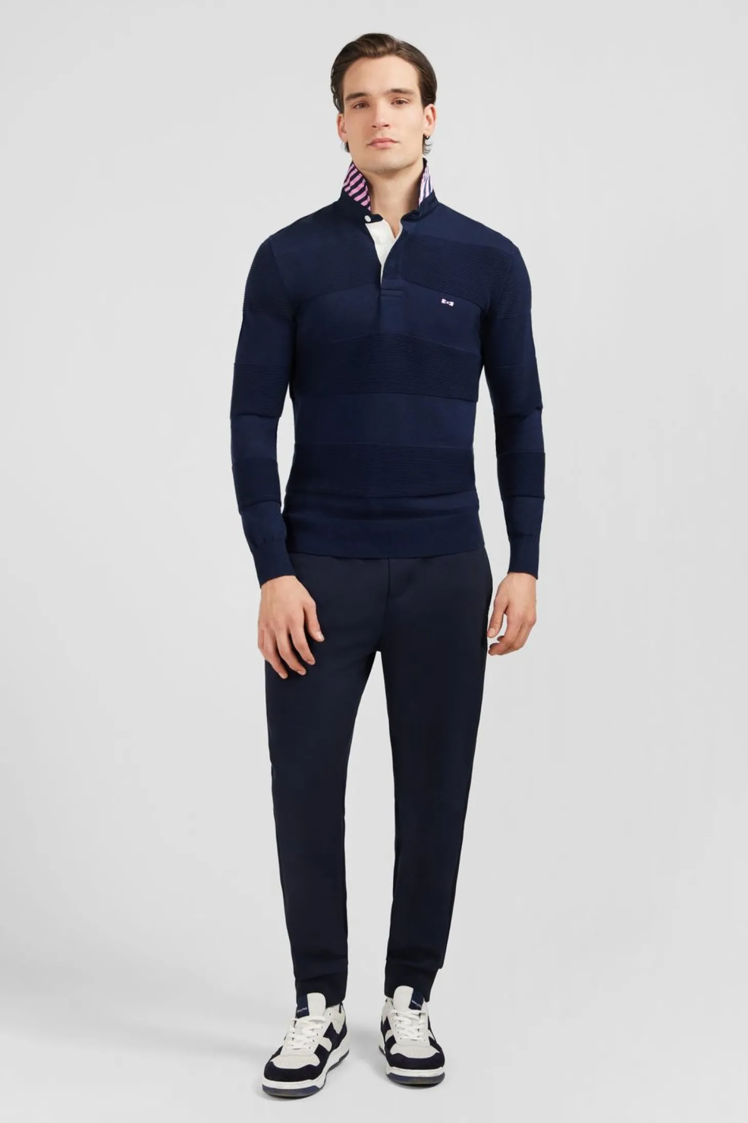 Pull Col Maillot Marine A Jeux De Maille En Coton