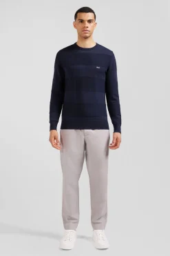 Pull Col Rond Marine A Jeux De Maille En Coton