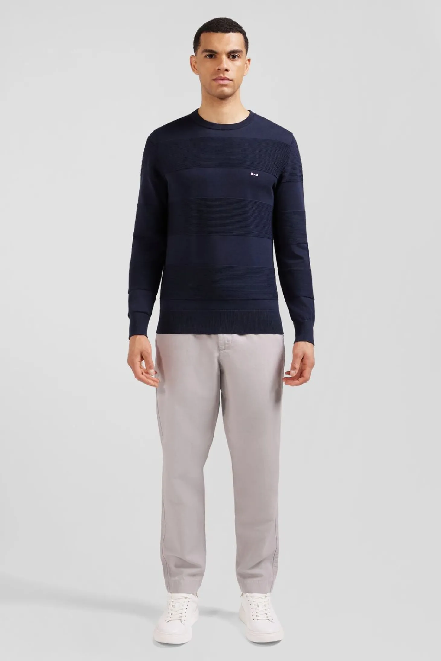 Pull Col Rond Marine A Jeux De Maille En Coton
