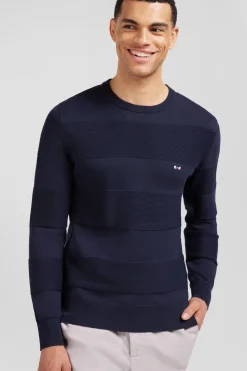 Pull Col Rond Marine A Jeux De Maille En Coton