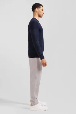 Pull Col Rond Marine A Jeux De Maille En Coton