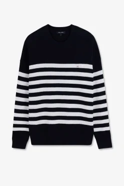 Pull Mariniere Marine Et Blanc En Lin Et Coton