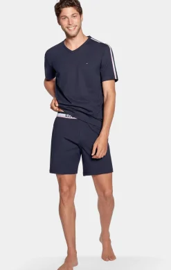 Pyjama Court Marine A Details Tricolores En Jersey Coton
