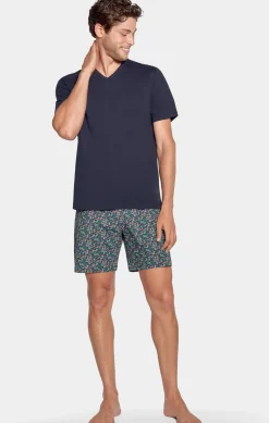 Pyjama Court Marine A Micro Motifs Fleurs En Jersey Coton