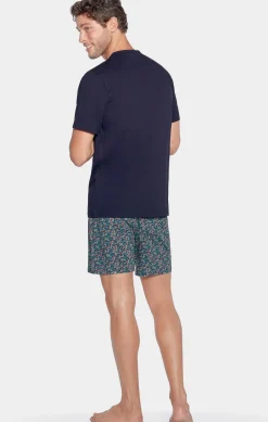 Pyjama Court Marine A Micro Motifs Fleurs En Jersey Coton