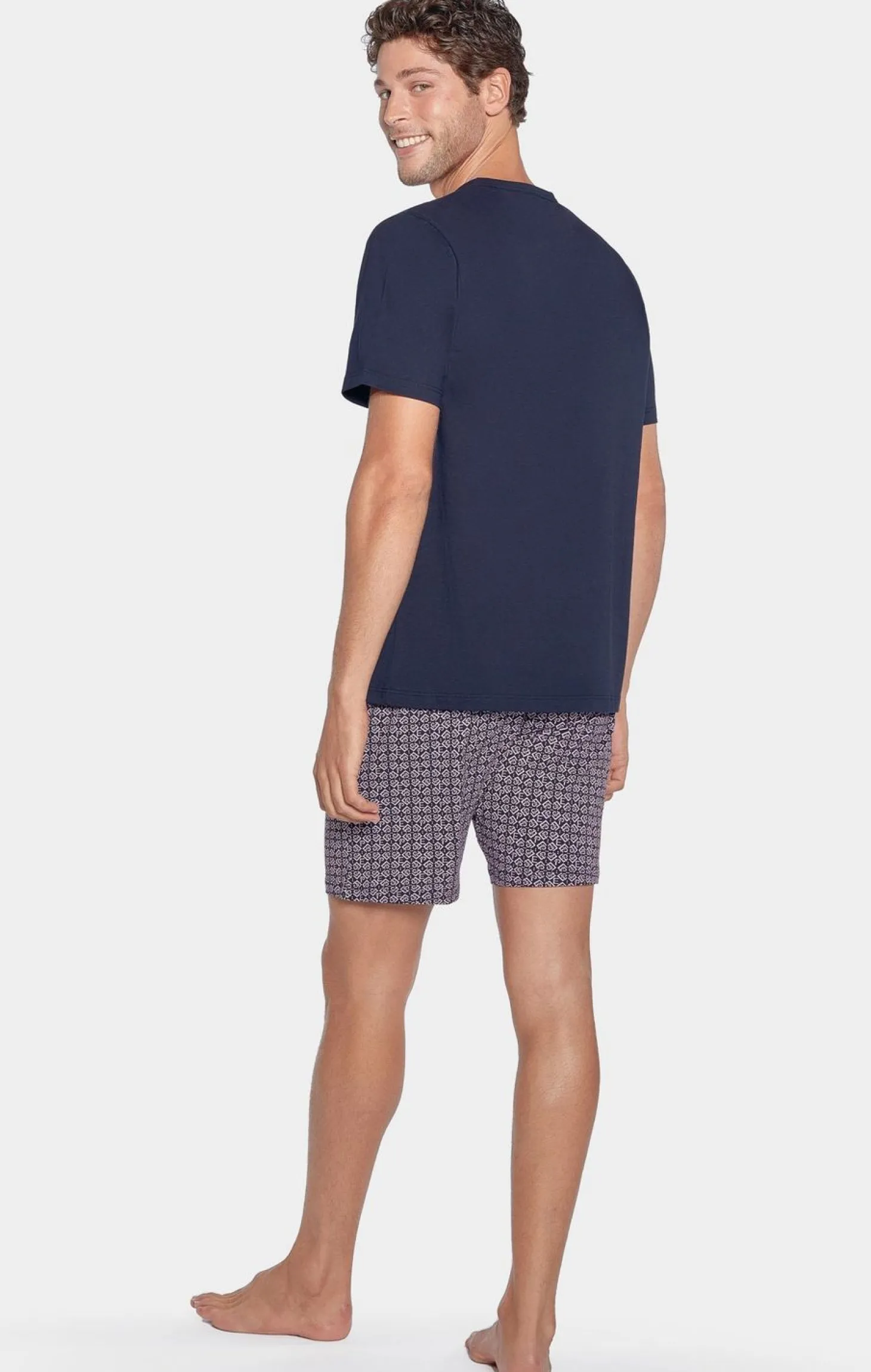 Pyjama Court Marine A Micro Motifs Initiales En Jersey Coton