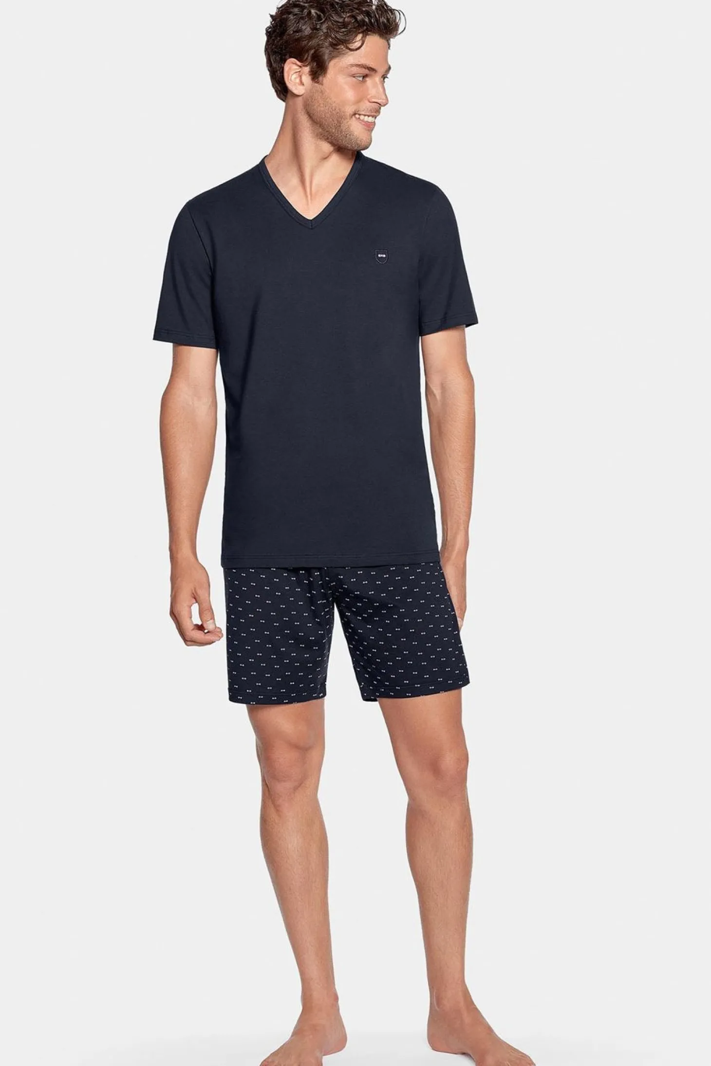 Pyjama Court Marine A Short Micro Motifs En Jersey Coton