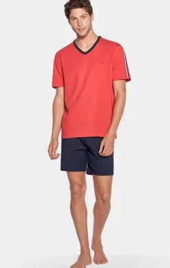 Pyjama Court Rouge A Details Tricolores En Jersey Coton