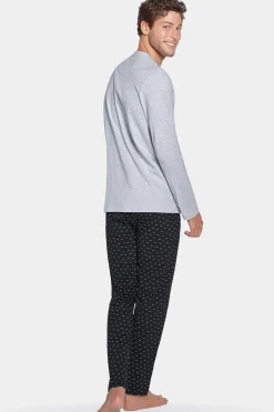 Pyjama Long Gris A Micro Motifs En Jersey Coton
