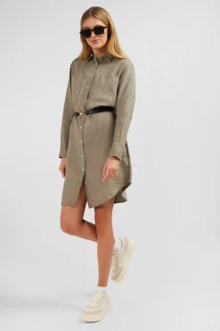 Robe Chemise En Lin Kaki