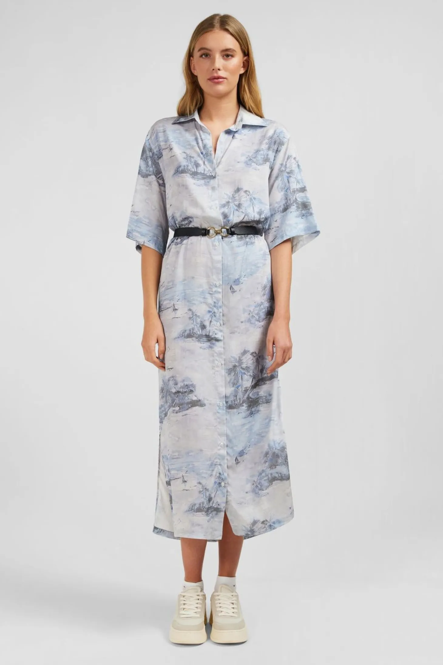 Robe Chemise En Lyocell Bleu Imprime Palmiers