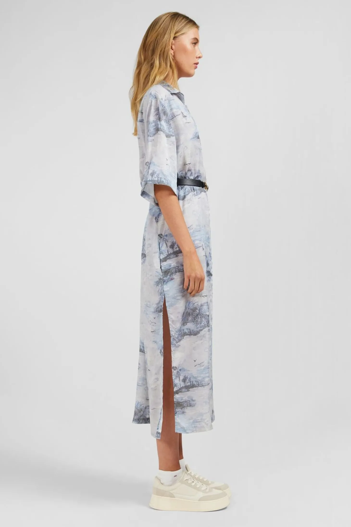 Robe Chemise En Lyocell Bleu Imprime Palmiers