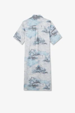 Robe Chemise En Lyocell Bleu Imprime Palmiers