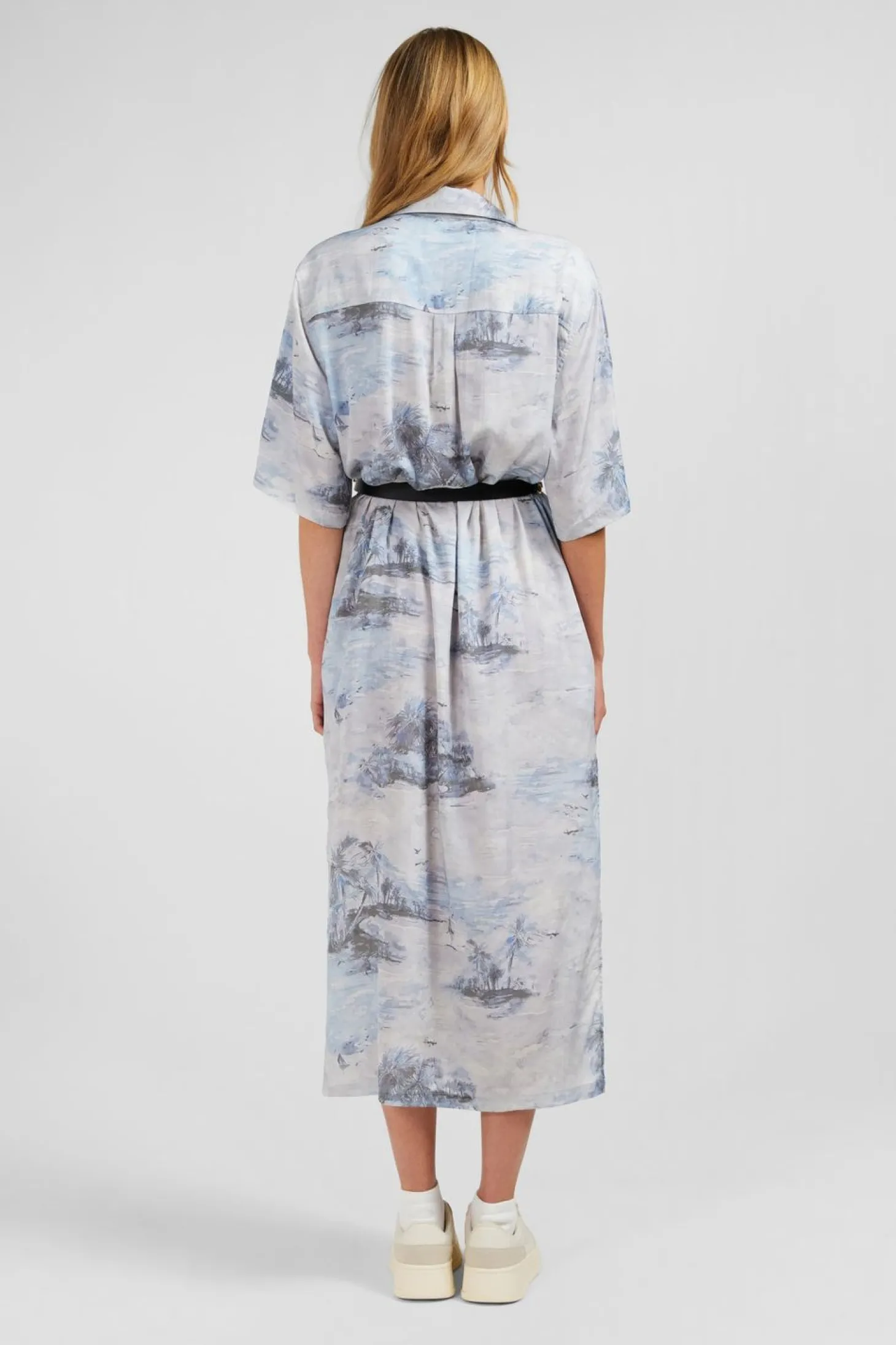 Robe Chemise En Lyocell Bleu Imprime Palmiers