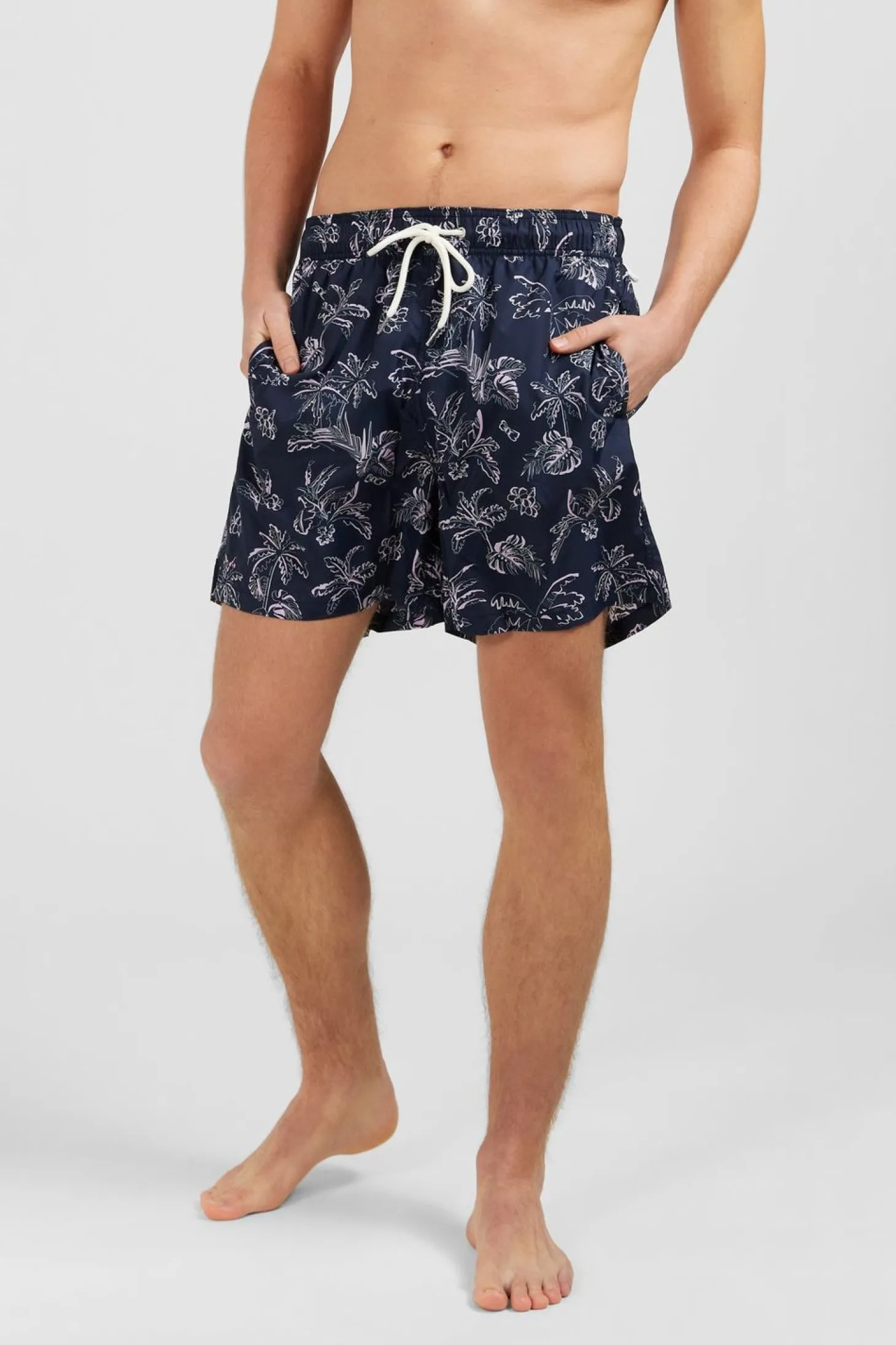 Short De Bain Bleu Marine Imprime Exclusif Feuilles
